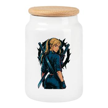 Le motif du samouraï combattant Zweikatana - Boîte à biscuits avec couvercle en bois - blanc - Devant