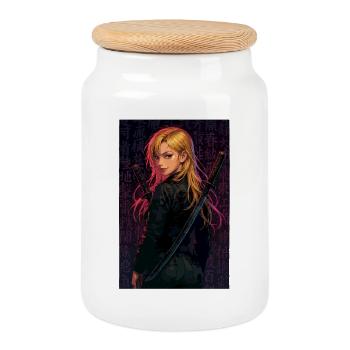 Female fighter with double sabre in the dark - Cookie Jar with Wooden Lid - white - Front
