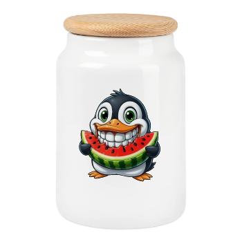 Pingouin joyeux avec pastèque fruit d’été - Boîte à biscuits avec couvercle en bois - blanc - Devant