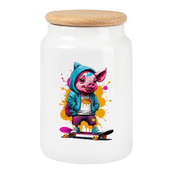 Pig Skate Streetwear Splash - Boîte à biscuits avec couvercle en bois - blanc - Devant
