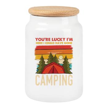 Camping Retro Sunset - Cookie Jar with Wooden Lid - white - Front