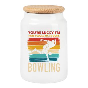 Glück, ich bin hier zum Bowling - Keksdose mit Holzdeckel - Weiß - Vorne