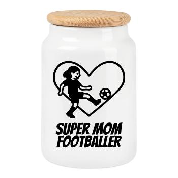 Super Mama Fußballerin – Herz Design - Keksdose mit Holzdeckel - Weiß - Vorne