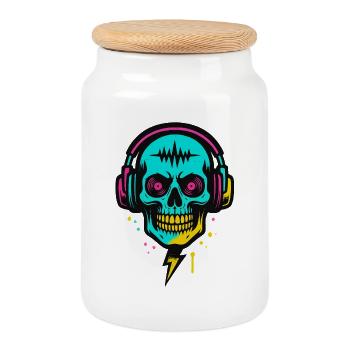 Neon Skull Kopfhörer, Dark Rave Beats - Keksdose mit Holzdeckel - Weiß - Vorne