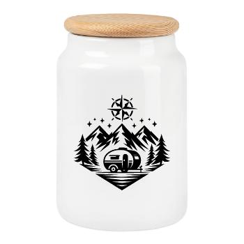 Camping - Cookie Jar with Wooden Lid - white - Front