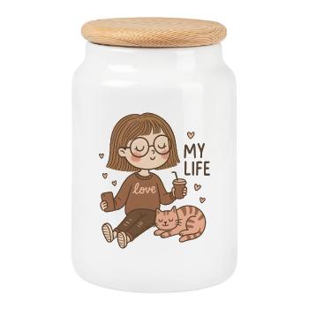 Cozy Girl & Cat – My Life Design - Keksdose mit Holzdeckel - Weiß - Vorne