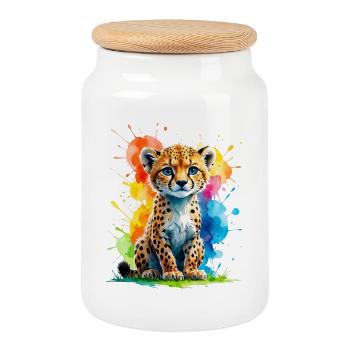 Colorful Cheetah Cub Splash - Keksdose mit Holzdeckel - Weiß - Vorne