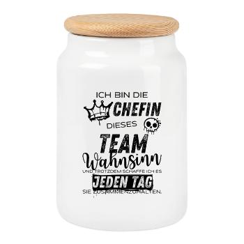 Chefin dieses Team Wahnsinn – Lustiger Spruch - Keksdose mit Holzdeckel - Weiß - Vorne