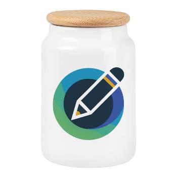 Abstraktes Bleistift-Emblem im Kreis - Keksdose mit Holzdeckel - Weiß - Vorne
