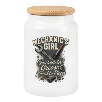 Mechaniker Mädchen: Liebevoll Mit Fett - Keksdose mit Holzdeckel - Weiß - Vorne