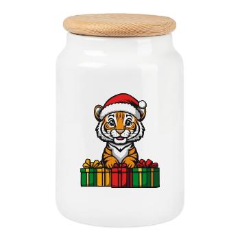 Cadeaux de Noël Tiger - Boîte à biscuits avec couvercle en bois - blanc - Devant