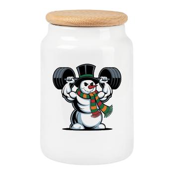 Strong Snowman Weightlifting Fitness Winter - Cookie Jar with Wooden Lid - white - Front