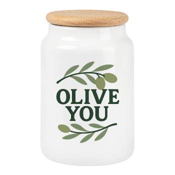 Olive You – Funny Olive Branch Design - Cookie Jar with Wooden Lid - white - Front