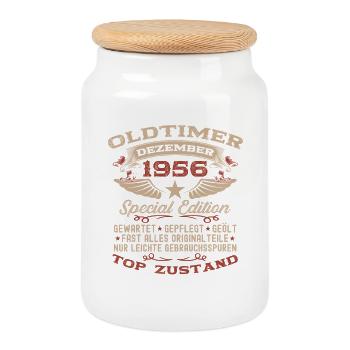 69. Geburtstag Geschenk Oldtimer Dezember 1956 - Keksdose mit Holzdeckel - Weiß - Vorne