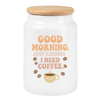 Good Morning – I need coffee - Cookie Jar with Wooden Lid - white - Front