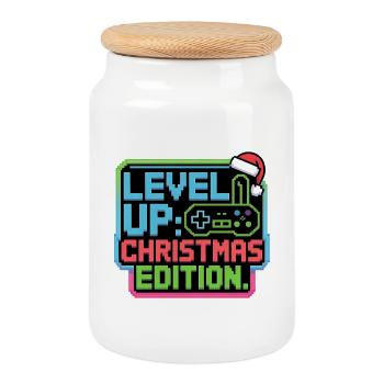 Level Up zu Weihnachten - Pixel Gamer Geschenk - Keksdose mit Holzdeckel - Weiß - Vorne