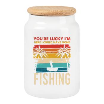 Fischerei Retro Sunset Silhouette - Keksdose mit Holzdeckel - Weiß - Vorne