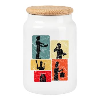 Kitchen Heroes Silhouettes Pattern - Cookie Jar with Wooden Lid - white - Front