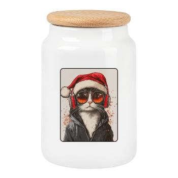 Chat cool avec lunettes de soleil Chapeau de Père Noël - Boîte à biscuits avec couvercle en bois - blanc - Devant