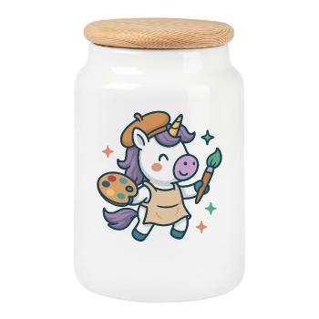Peintre licorne créatif, Art et Couleurs - Boîte à biscuits avec couvercle en bois - blanc - Devant