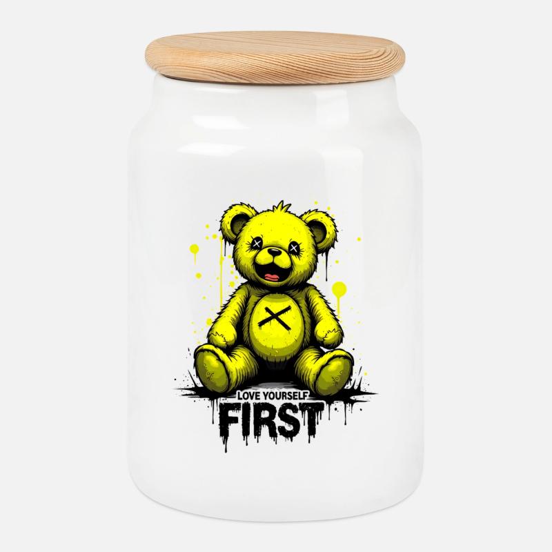 Love Yourself First Teddybär Graffiti - Keksdose mit Holzdeckel - Weiß