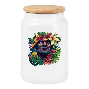 Tropical face head with floral wreath - Cookie Jar with Wooden Lid - white - Front