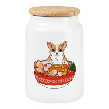 Cute Corgi Dog Eating Ramen Noodle Japanese Foodie - Cookie Jar with Wooden Lid - white - Front