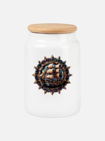 Kaleidoskopisches Segelschiff - Keksdose mit Holzdeckel - Weiß
