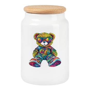 Colorful bear teddy bear with sunglasses - Cookie Jar with Wooden Lid - white - Front