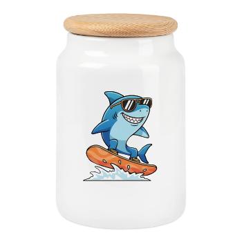 Surfer shark with sunglasses Summer vacation - Cookie Jar with Wooden Lid - white - Front