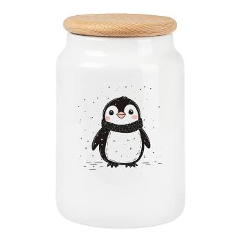 Merry Penguins, Cute Christmas Penguin - Cookie Jar with Wooden Lid - white - Front