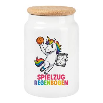 Einhorn Handball Coach, Spielzug Regenbogen - Keksdose mit Holzdeckel - Weiß - Vorne