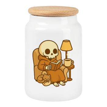 Lesendes Skelett – Cozy Reading - Keksdose mit Holzdeckel - Weiß - Vorne
