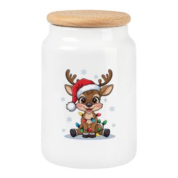 Weihnachtsrentier mit Lichterkette - Keksdose mit Holzdeckel - Weiß - Vorne