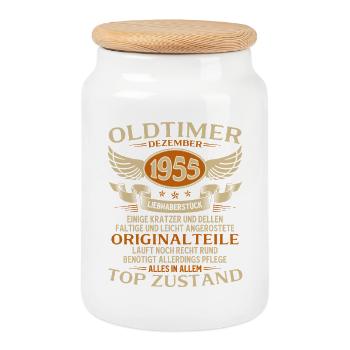70. Geburtstag Geschenk Oldtimer Dezember 1955 - Keksdose mit Holzdeckel - Weiß - Vorne