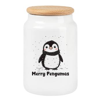 Merry Penguins, Cute Christmas Penguin - Cookie Jar with Wooden Lid - white - Front