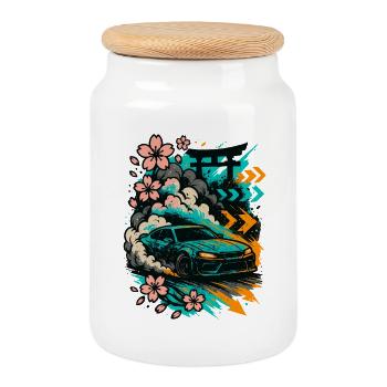 JDM Driftcar, Sakura Smoke, Japan Style - Keksdose mit Holzdeckel - Weiß - Vorne