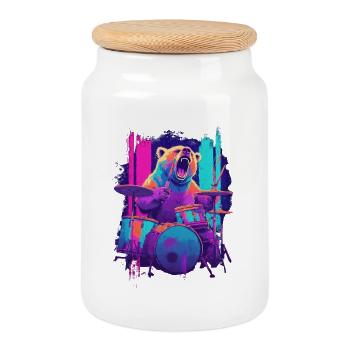 Wild Bear à la batterie - Cadeau du batteur rock - Boîte à biscuits avec couvercle en bois - blanc - Devant