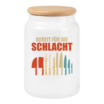 Küchenchef BEREIT FÜR DIE SCHLACHT Lustig - Keksdose mit Holzdeckel - Weiß - Vorne
