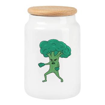 Broco Lee Funny Broccoli Martial Arts Kung Fu Pun  - Cookie Jar with Wooden Lid - white - Front