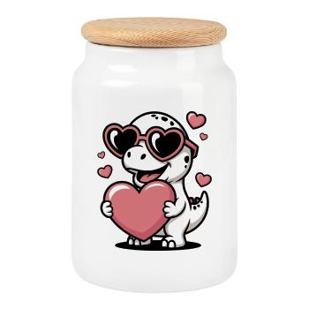 Heart Glasses Dino Full of Love - Cookie Jar with Wooden Lid - white - Front