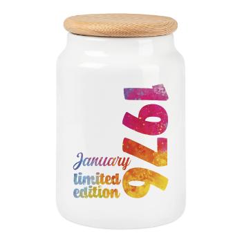Geburtstagsgeschenk Januar 1976 - Keksdose mit Holzdeckel - Weiß - Vorne
