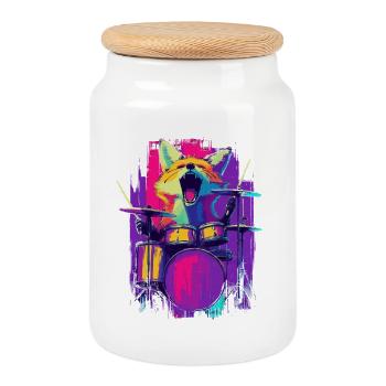 Wild Fox à la batterie - Gift batteur rock - Boîte à biscuits avec couvercle en bois - blanc - Devant
