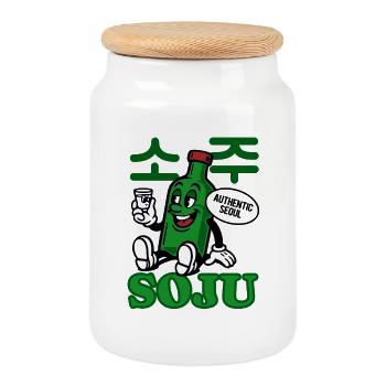 Soju Cartoon Flasche | Koreanischer Schnaps - Keksdose mit Holzdeckel - Weiß - Vorne