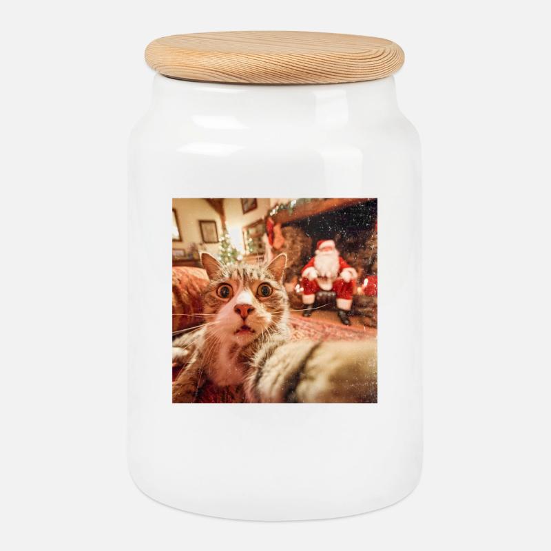 Selfie de chat avec le Père Noël - Boîte à biscuits avec couvercle en bois - blanc