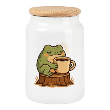 Cozy Frog au café – Kawaii Frogcore Art - Boîte à biscuits avec couvercle en bois - blanc - Devant