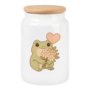 Kawaii Frosch mit Blumen – Cute Frogcore Art - Keksdose mit Holzdeckel - Weiß - Vorne