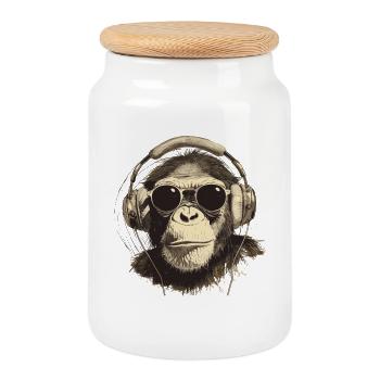 Cool monkey with headphones and sunglasses - Cookie Jar with Wooden Lid - white - Front
