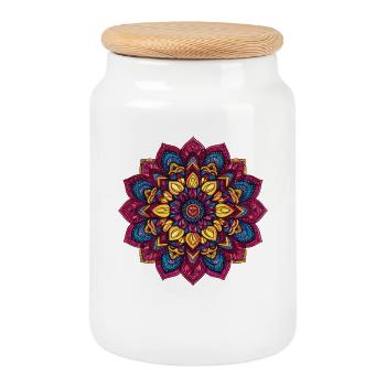 Bunter Mandala Blütenmuster - Keksdose mit Holzdeckel - Weiß - Vorne
