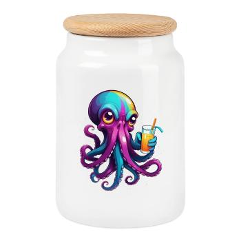 Bunter Oktopus mit Drink - Keksdose mit Holzdeckel - Weiß - Vorne